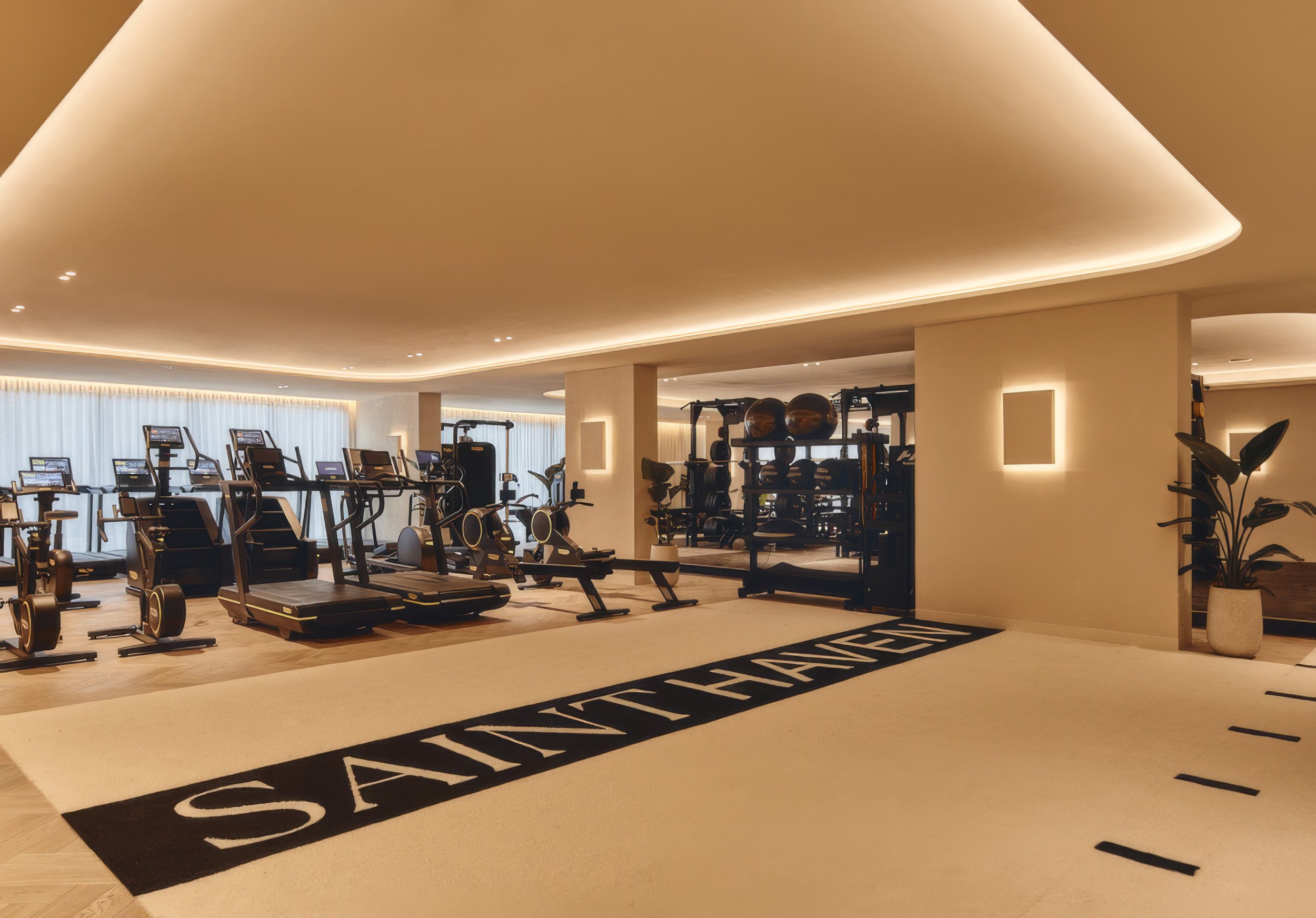 Interior view of a gym with exercise equipment, fitness machines, and a black rug with white writing on it.