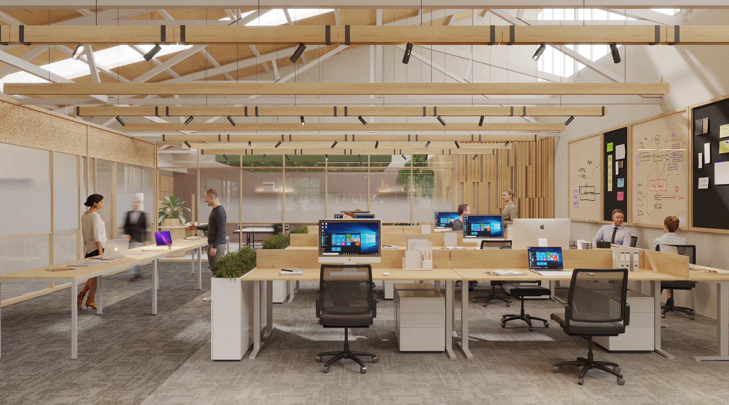 Modern open-plan office with multiple workstations, computers, and people working or talking. Glass walls, wooden ceiling beams, and a whiteboard with notes are visible.
