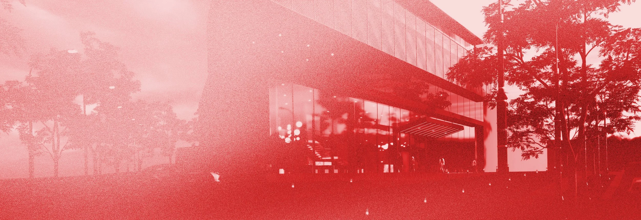 Modern glass building surrounded by trees, with people walking nearby, coloured in red.