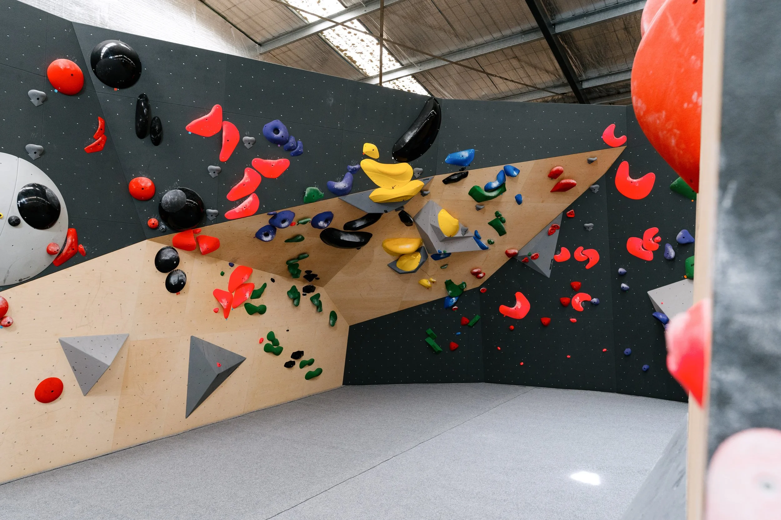 Indoor bouldering gym with a variety of climbing holds on colored walls and panels, ceiling with metal beams, and a gray carpeted floor.
