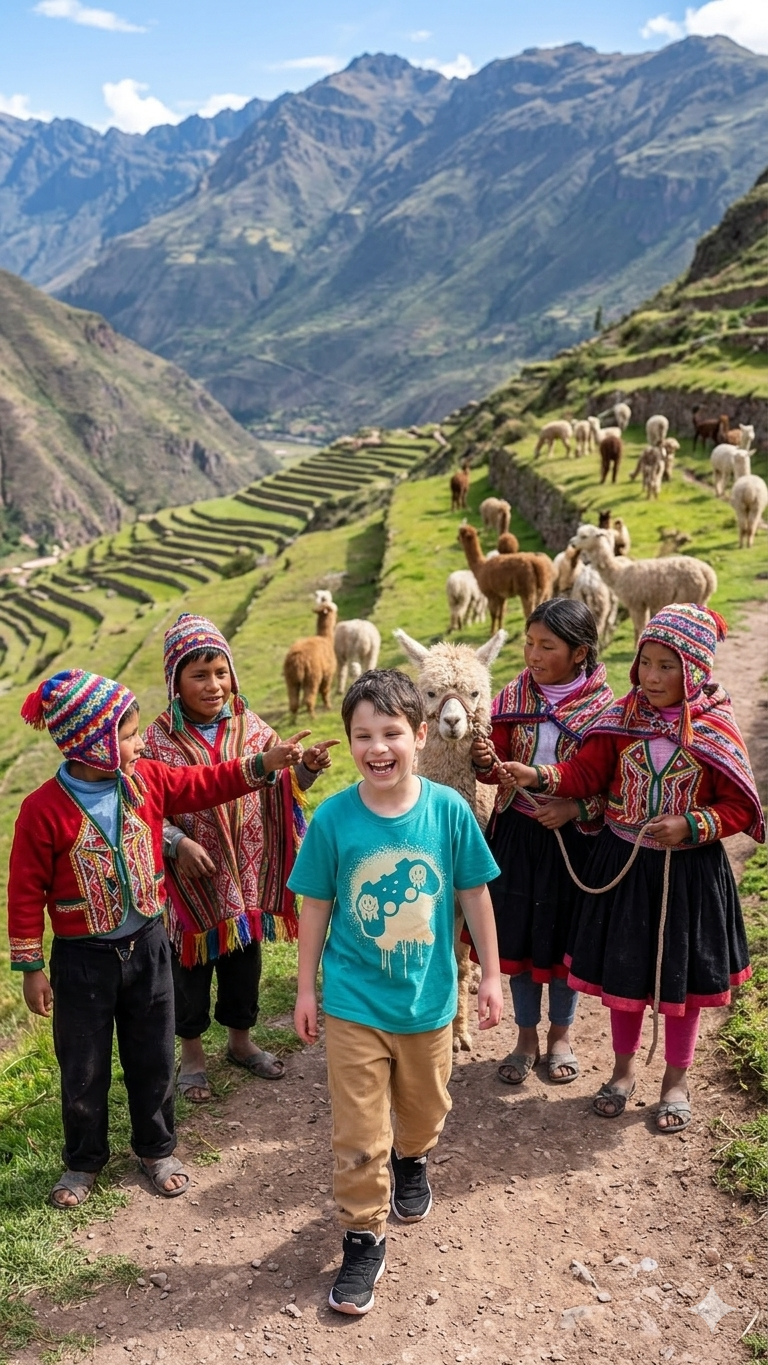 A group of children in traditional Andean clothing laughing and playing with a llama in a scenic mountain valley with terraced fields and sheep grazing in the background.