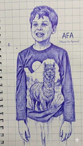 Hand-drawn sketch of a boy with short hair, wearing a long-sleeve shirt with an alpaca and lion design, on graph paper.