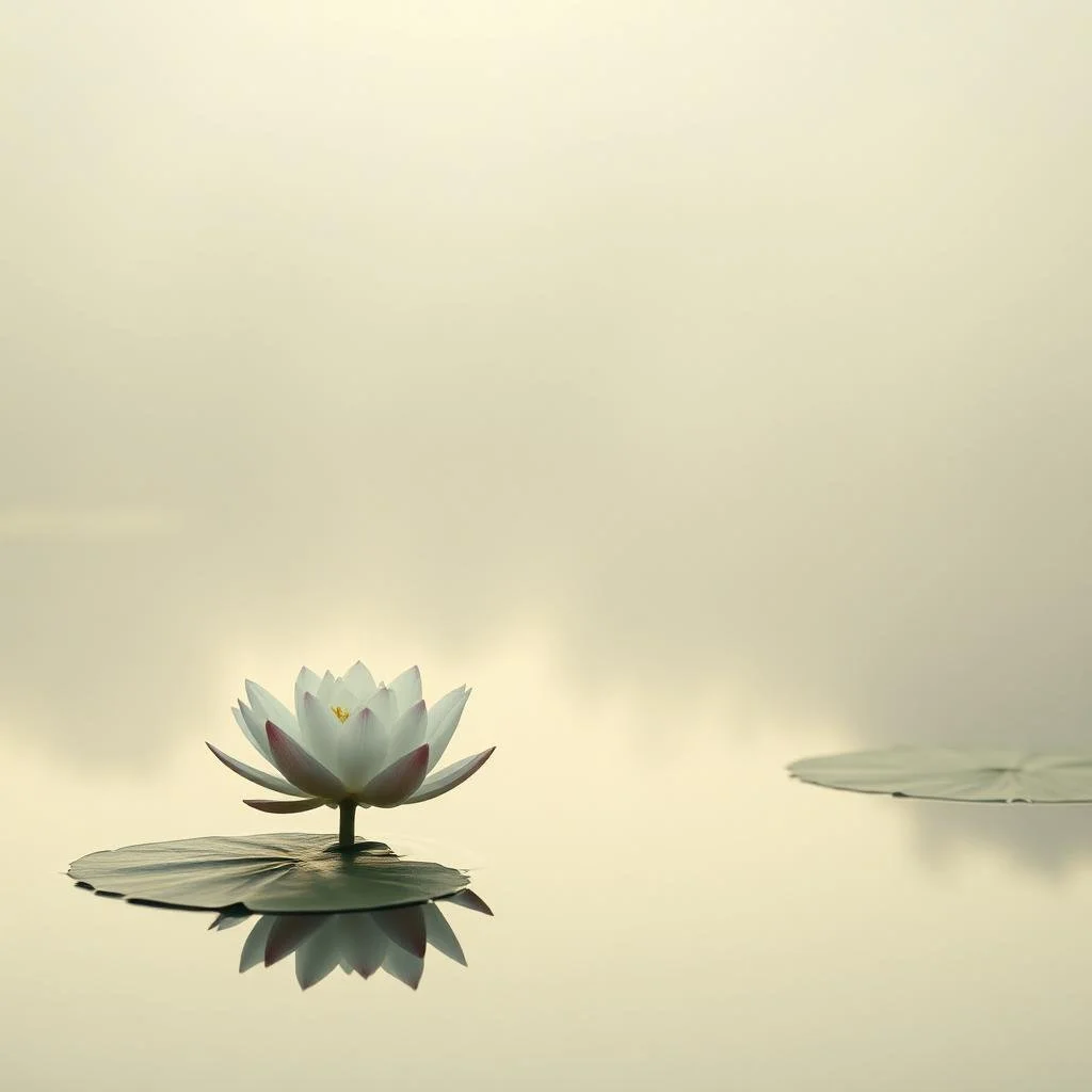 A white water lily flower with pink-tipped petals floating on a calm pond, with its reflection visible on the water's surface in soft, muted light.