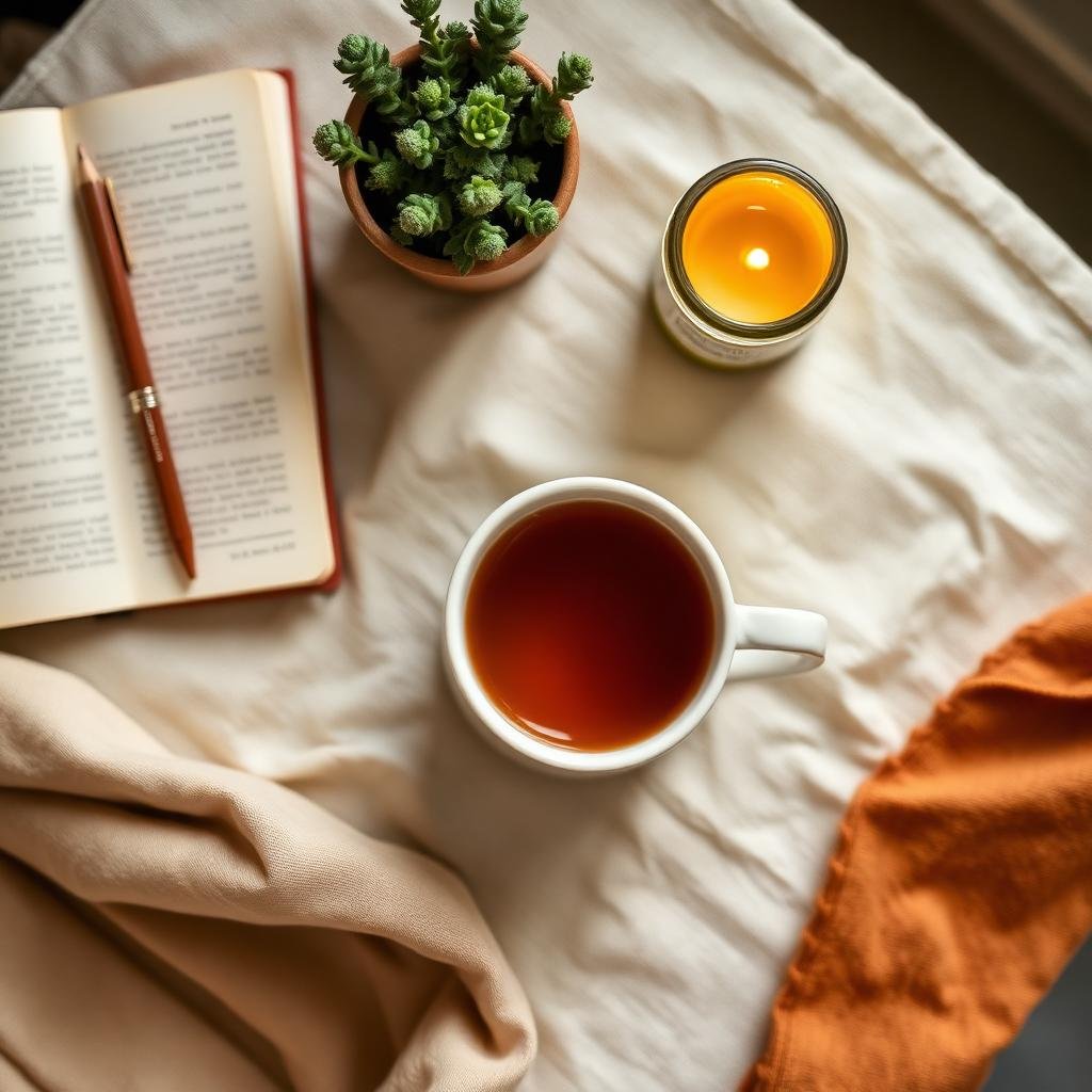 Open book, a potted succulent plant, a lit yellow candle, a white mug of tea, and a glass candle on a beige and orange fabric-covered surface.