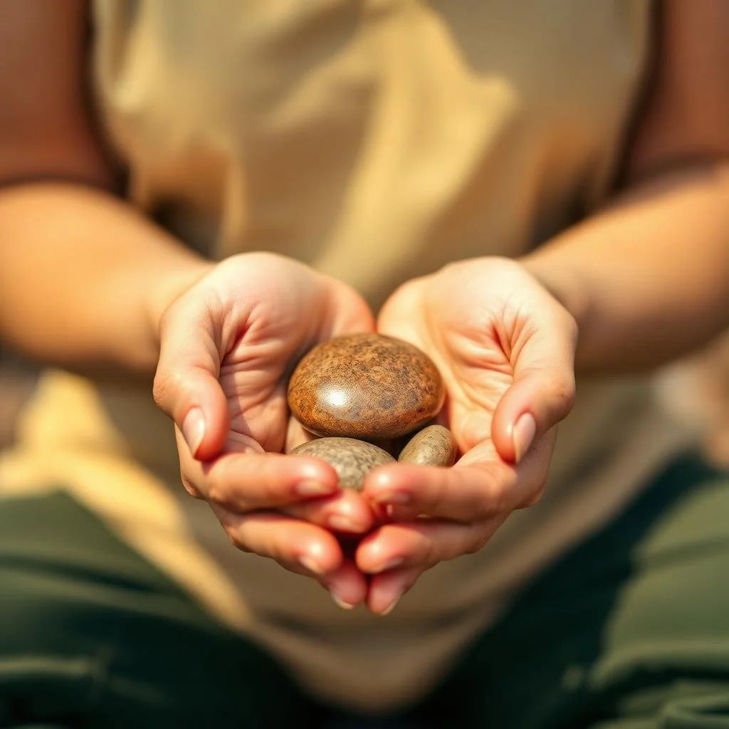 A person holding several smooth, rounded stones in both hands.