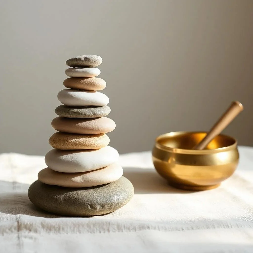 Stack of ten smooth, flat stones in natural colors next to a golden bowl with a wooden spoon inside on a white cloth surface.