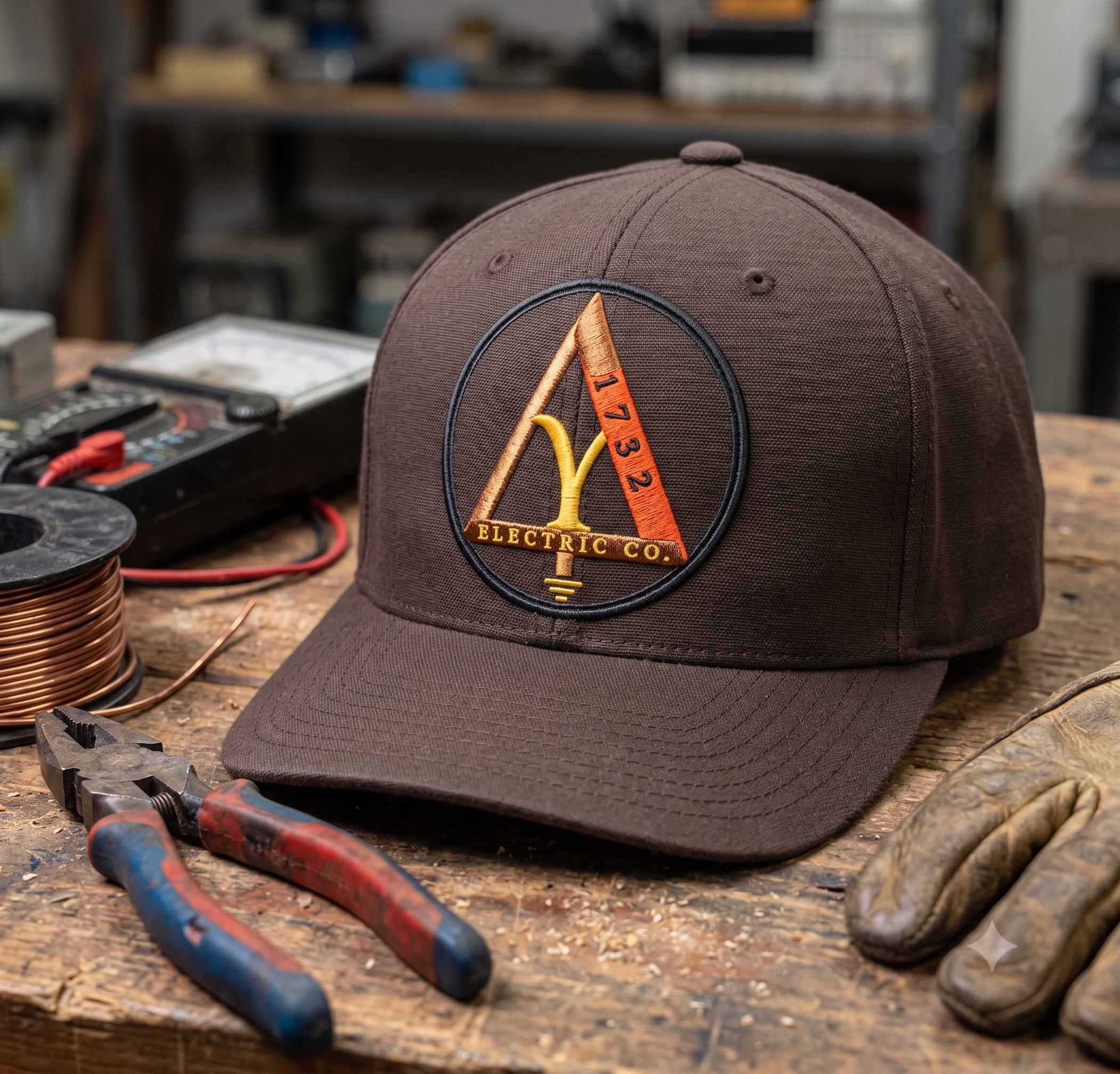 A brown baseball cap with a logo and the words "Electric Co." on it, placed on a workbench surrounded by tools and electrical wires.