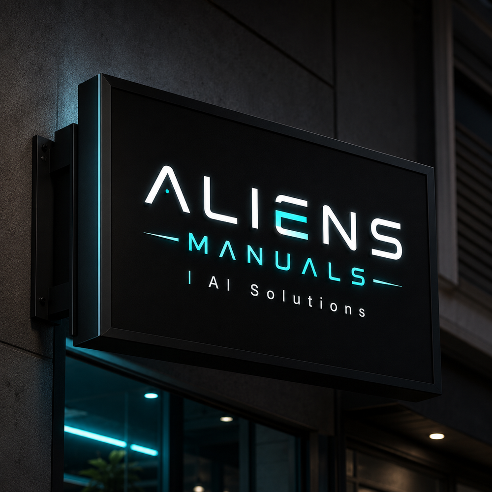 Letrero de Aliens Manuals con iluminación turquesa