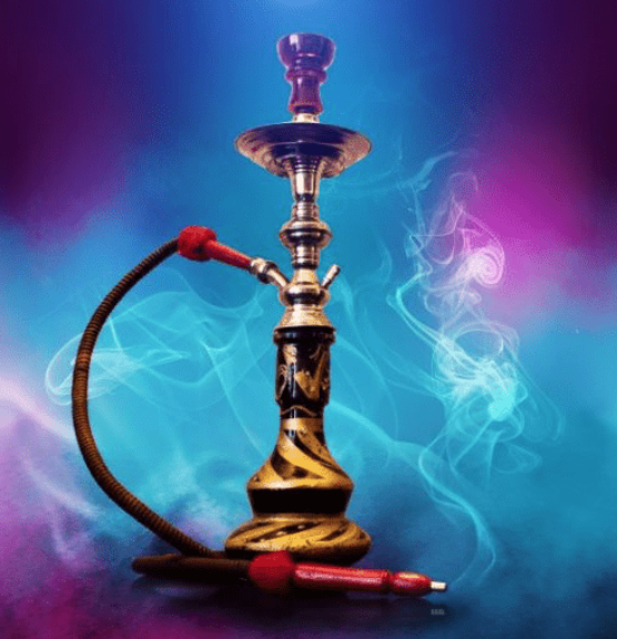 A brass hookah with a red and black flexible hose, set against a colorful smoky background.