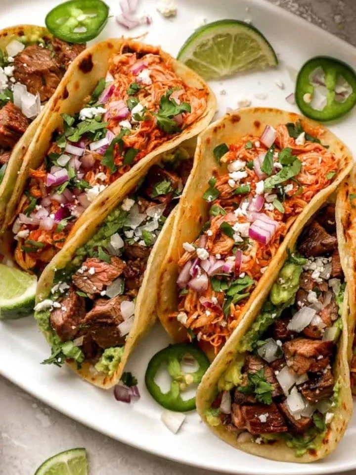 Three beef tacos with chopped onions, cilantro, shredded lettuce, and hot peppers on a white plate garnished with lime wedges.