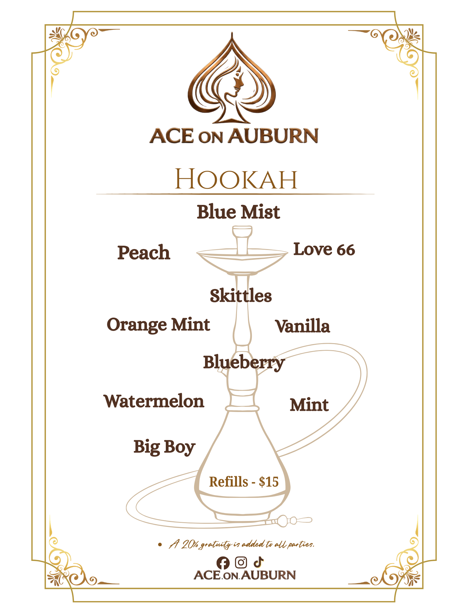 Coffee menu with gold decorative borders, featuring various hookah flavors such as Blue Mist, Peach, Love 66, Skittles, Orange Mint, Vanilla, Watermelon, Big Boy, and Mint. Includes a logo of a stylized female profile within a spade shape at the top,