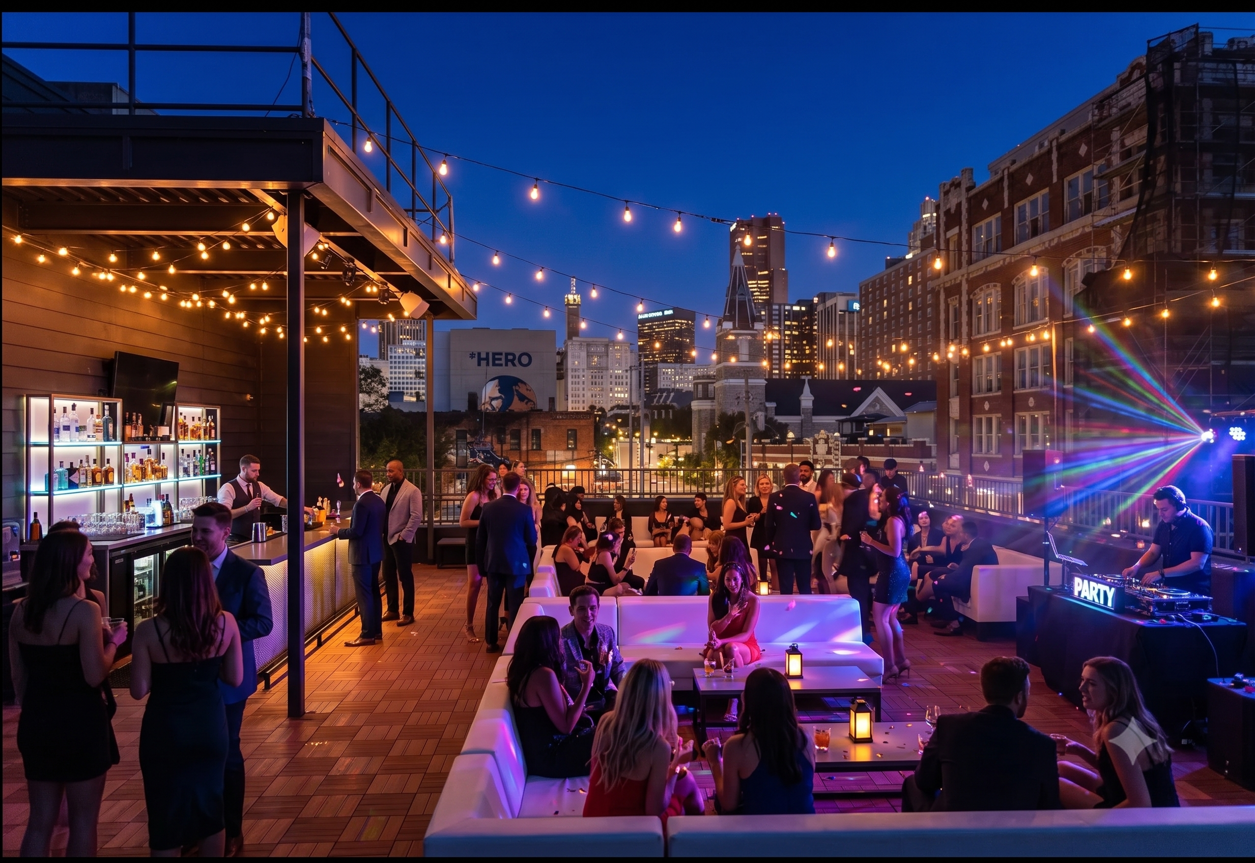 A rooftop party during the evening with string lights, a bar area, and people socializing and dancing against a city skyline with tall buildings and a clear blue sky.