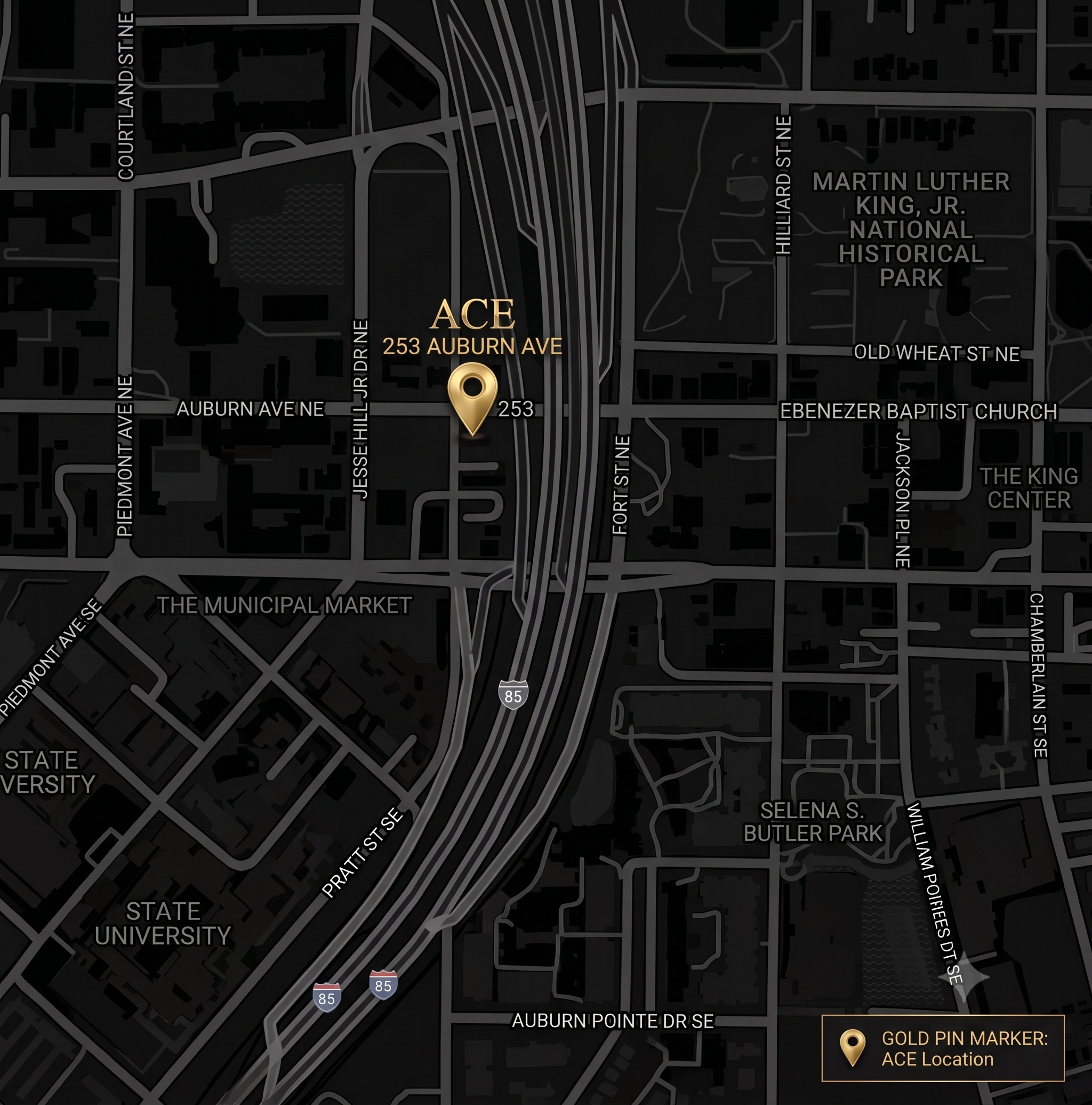 A map showing streets and landmarks in the area around Auburn Avenue and Auburn Pointe Drive in Atlanta, Georgia. Highlights include the ACE location at 253 Auburn Avenue and the Martin Luther King Jr. National Historical Park.