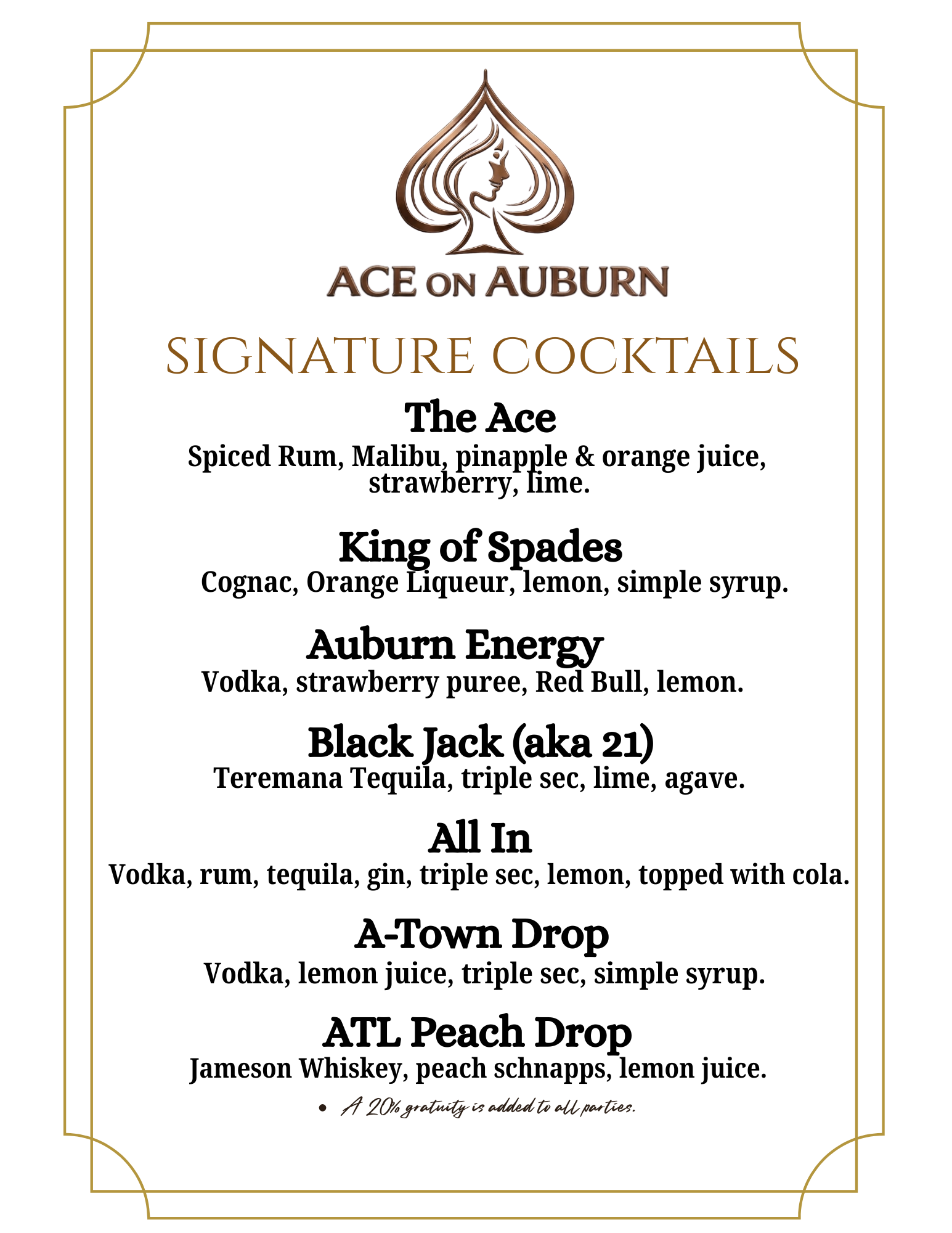 Menu for Ace on Auburn featuring signature cocktails with names and ingredients, including The Ace, King of Spades, Auburn Energy, Black Jack, All In, A-Town Drop, and ATL Peach Drop.