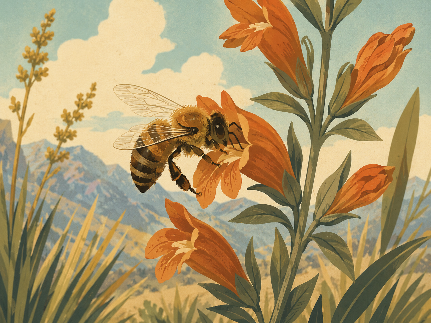 A close-up illustration of a bee collecting nectar from orange flowers with green leaves, set against a backdrop of mountains, clouds, and a blue sky.