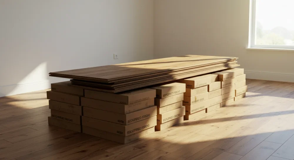 Stacks of wooden planks and boxes in an empty room near a window, with sunlight casting shadows on the floor.
