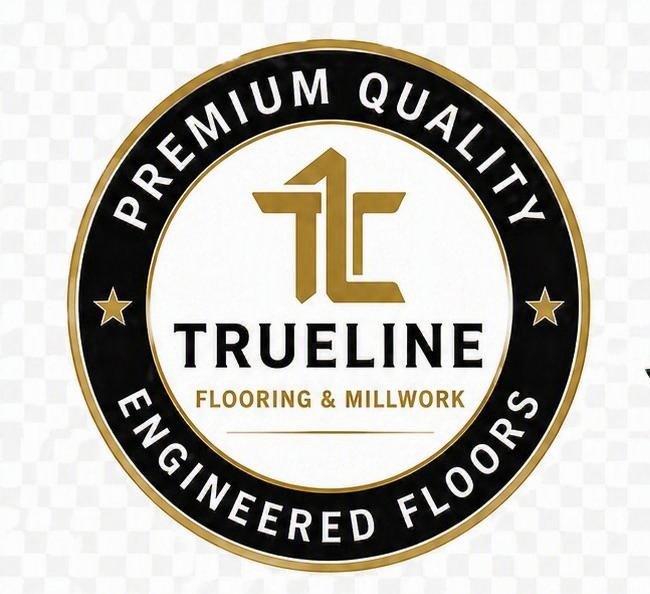 Logo for Trueline Flooring & Millwork, featuring gold and black circular badge with the text 'Premium Quality Engineered Floors' and the Trueline name in the center.