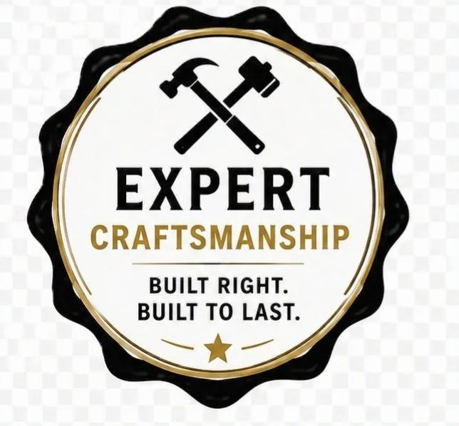 A circular badge with a black scalloped border and gold accents, featuring crossed hammer and chisel icons at the top. Inside, the text reads "EXPERT CRAFTSMANSHIP" with "EXPERT" in bold black and "CRAFTSMANSHIP" in gold. Below that, it states "BUILT RIGHT. BUILT TO LAST." with a gold star at the bottom.