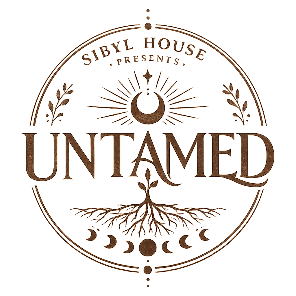 A circular logo with the words 'Sibly House Presents Untamed' in the center, surrounded by celestial and botanical symbols including a crescent moon, stars, and branches, with additional moon phases depicted at the bottom.