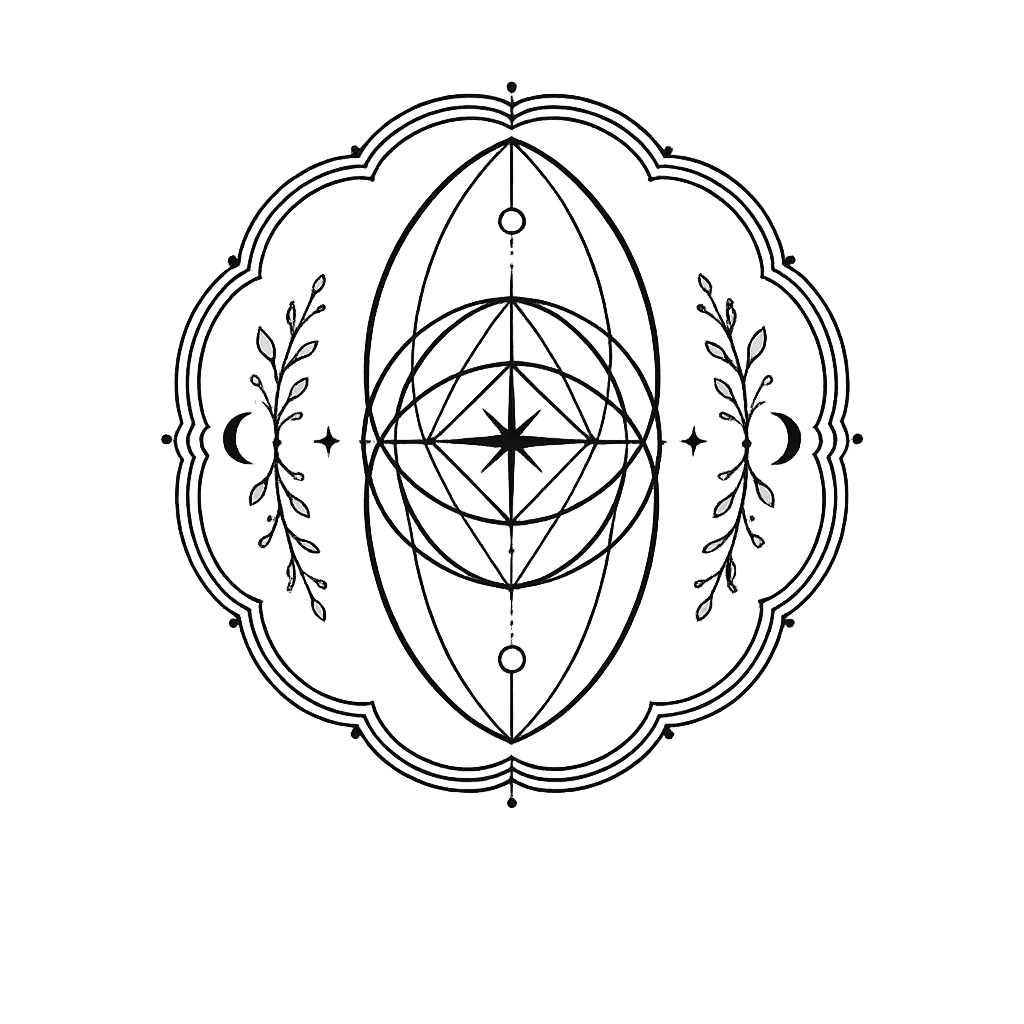 Decorative wall art featuring geometric shapes, crescent moons, stars, and leaf motifs arranged symmetrically inside a scalloped circular frame.