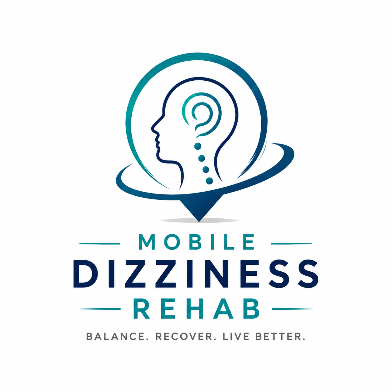 Logo for Mobile Dizziness Rehab featuring a stylized outline of a human head with a question mark inside, encircled by a swoosh and location marker, with the tagline 'Balance. Recover. Live Better.'