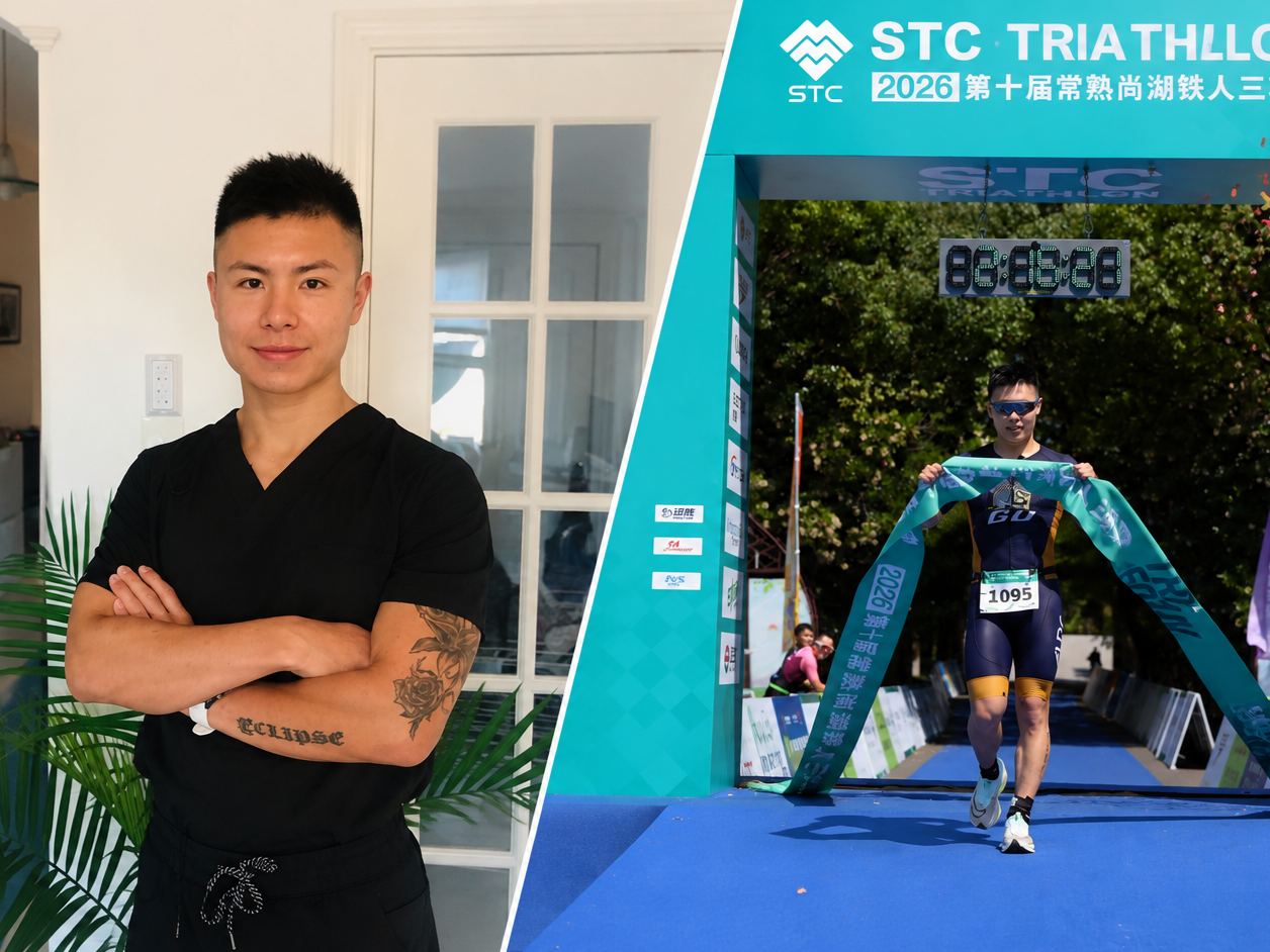 Side-by-side image of a man in casual clothing and a man in athletic gear finishing a triathlon race at the 2026 STC Triathlon event.