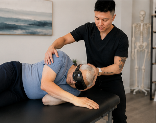 Physical therapist assisting an elderly woman with a virtual reality therapy session in a clinic.