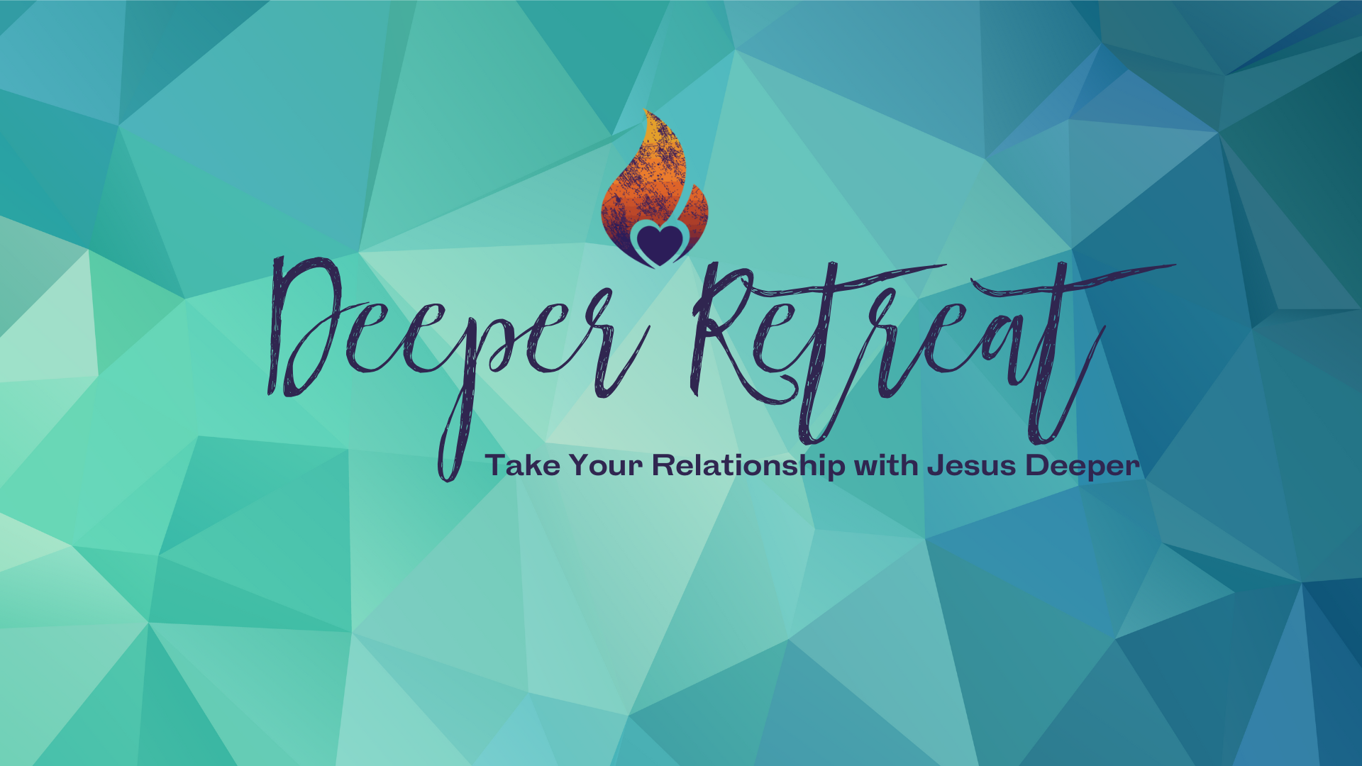 A colorful geometric background with text reading 'Deeper Retreat' and a subtitle 'Take Your Relationship with Jesus Deeper'. A flame icon with a heart inside is positioned above the main text.