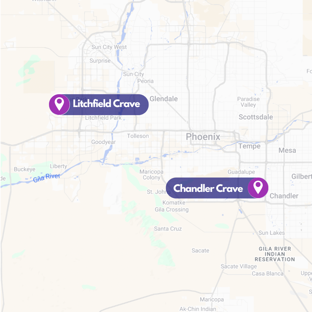 Map showing locations of Chandler Crave in Chandler and Litchfield Crave in Litchfield Park, Arizona.