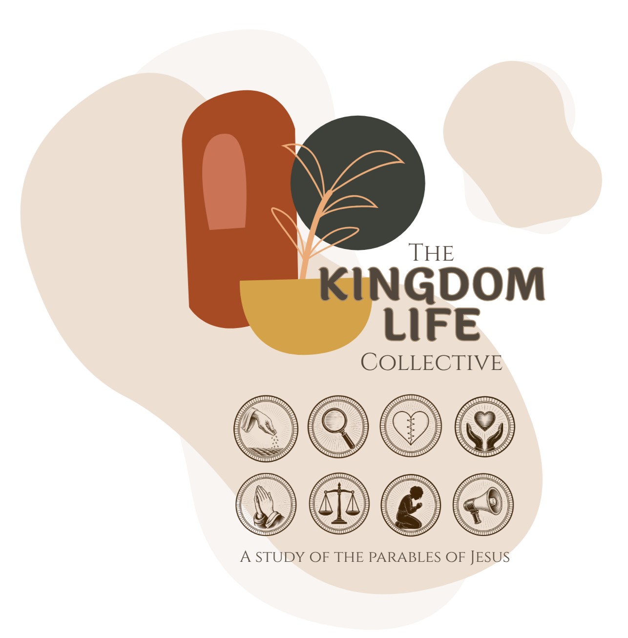 Cover of a book titled "The Kingdom Life Collective." The cover features minimalist illustrations of a cactus in a pot, a tree, and a cloud. There are nine icons at the bottom representing handwashing, magnifying glass, heart, praying hands, scales of justice, praying person, and a megaphone. The subtitle reads "A Study of the Parables of Jesus."