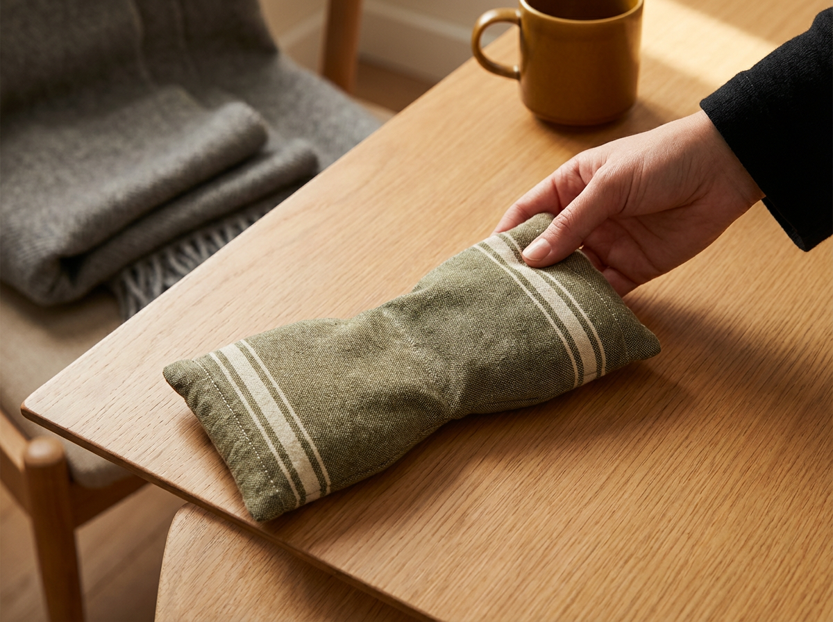 A person holding a hot/cold pack wrapped in a green plaid cloth over a wooden table with a brown mug and folded gray blanket in the background.