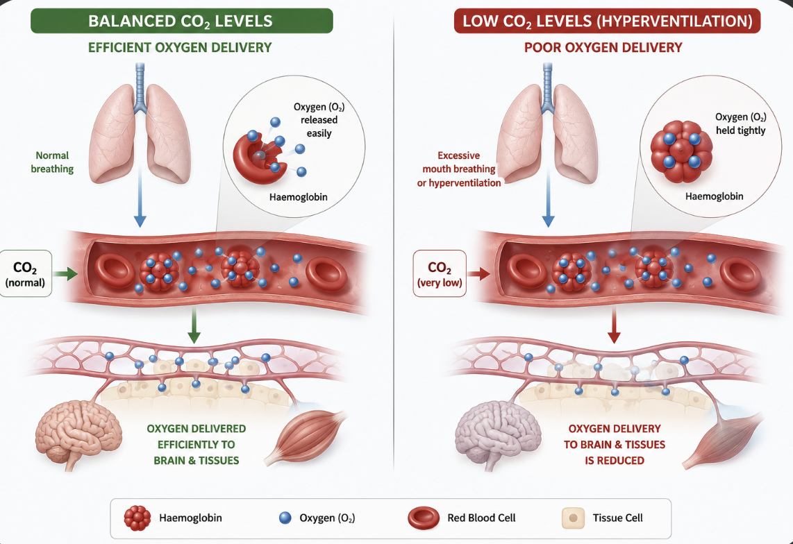 Comparison of balanced and low carbon dioxide levels in lungs. Left side shows normal breathing with efficient oxygen delivery; blue oxygen molecules and red blood cells with ample oxygen. Right side shows hyperventilation with low CO₂; oxygen molecules are held tightly, resulting in reduced oxygen delivery to brain and tissues.