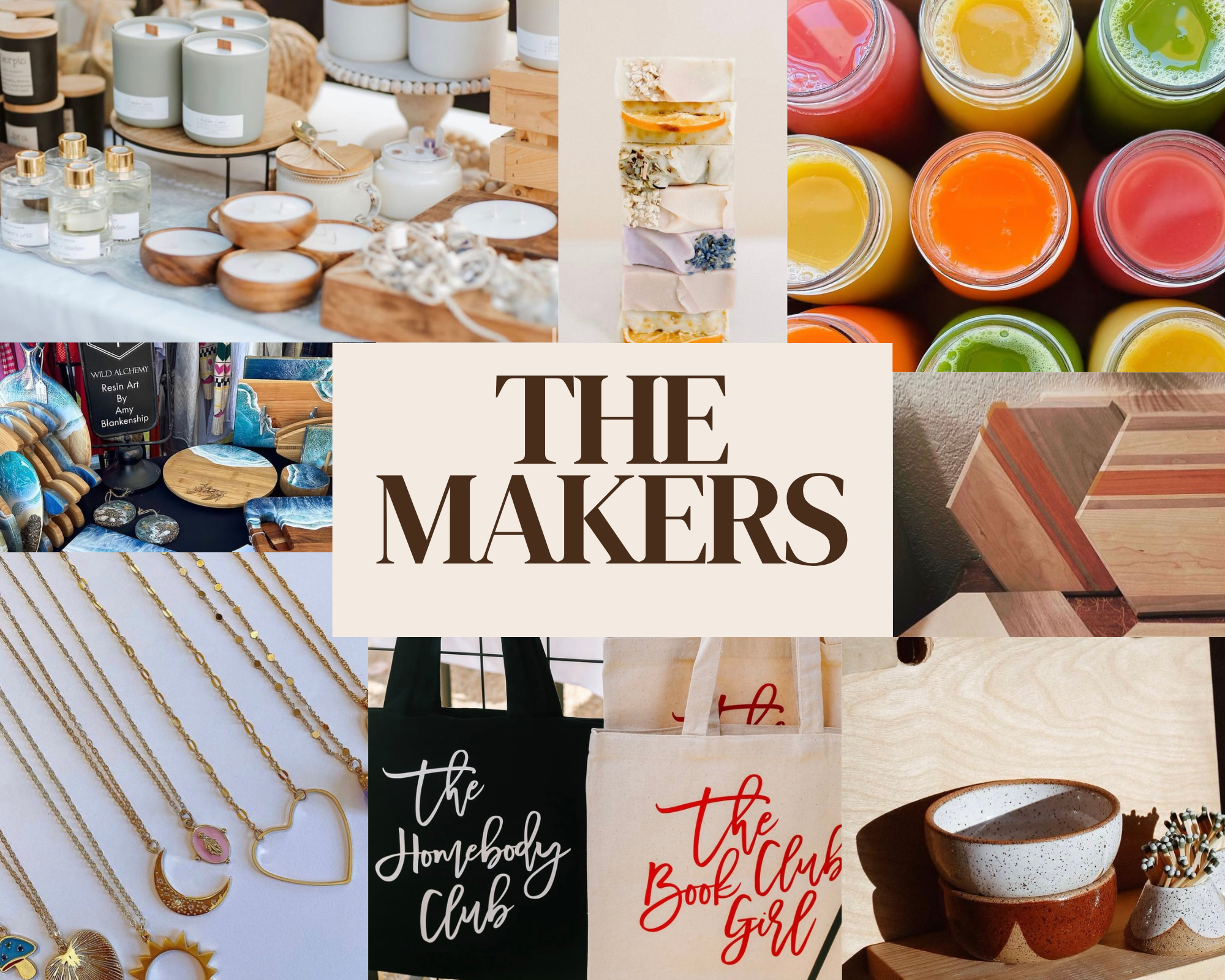 A collage of images showing various handmade items. The top left shows candles and candles, the middle top shows layered soap bars, the top right shows colorful jars of juice, the bottom left features jewelry, the middle bottom has signs for homemade craft and book club, and the bottom right displays wooden bowls and a coffee cup.