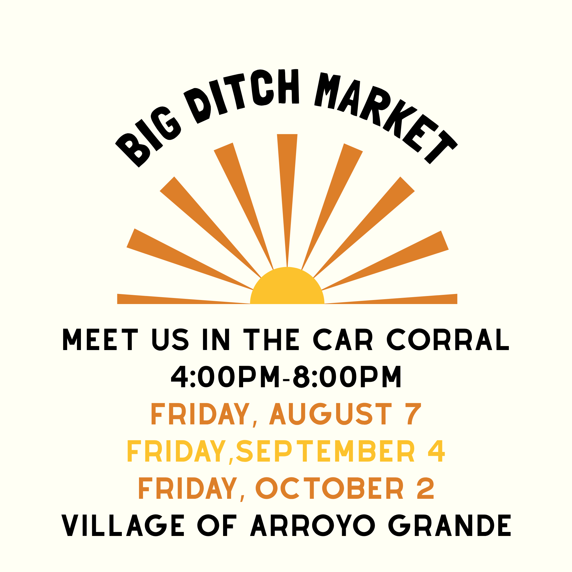 Event poster announcing outdoor music performances at Village of Arroyo Grande, including Fridays from August 7 to October 2, 4:00 PM to 8:00 PM, with a sunrise or sunset graphic.