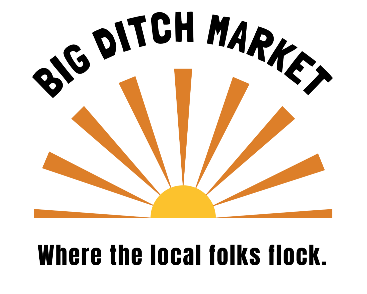 A stylized illustration of a sunrise with rays emanating from a semi-circle, colored in shades of orange and yellow.
