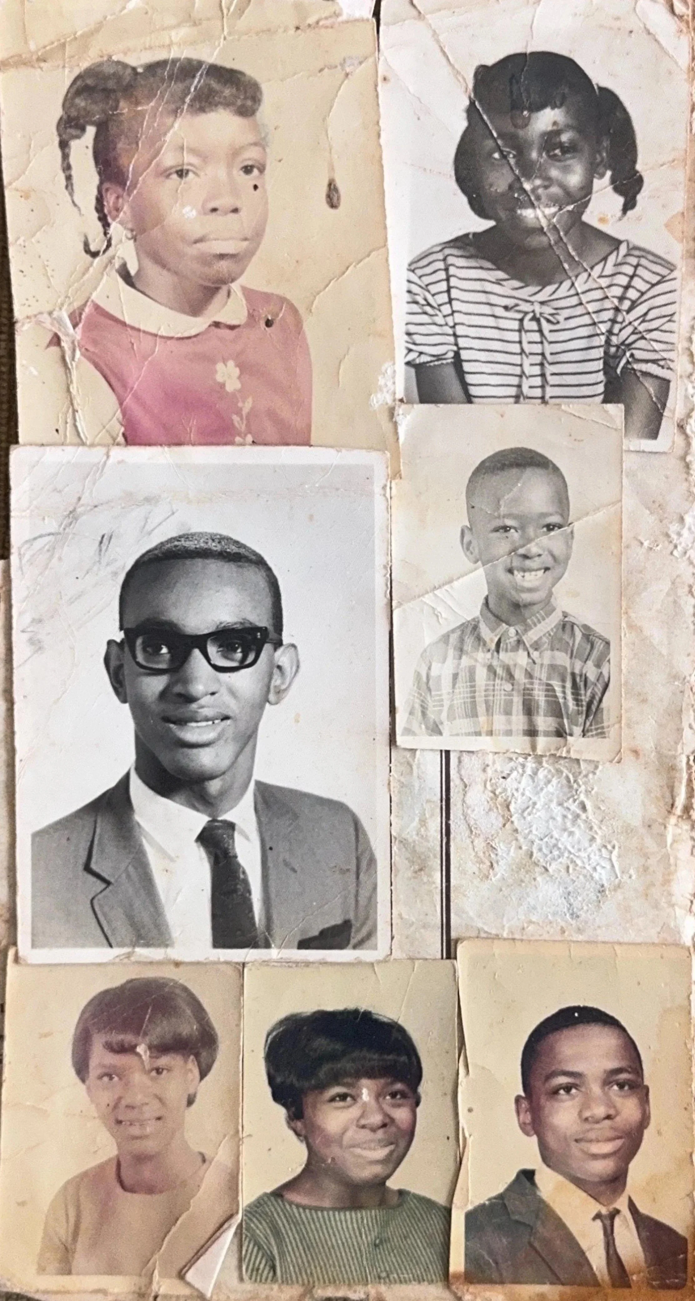 School portraits connecting 3 branches of a family tree: Fluitt, Frazier, and Beaufort children.