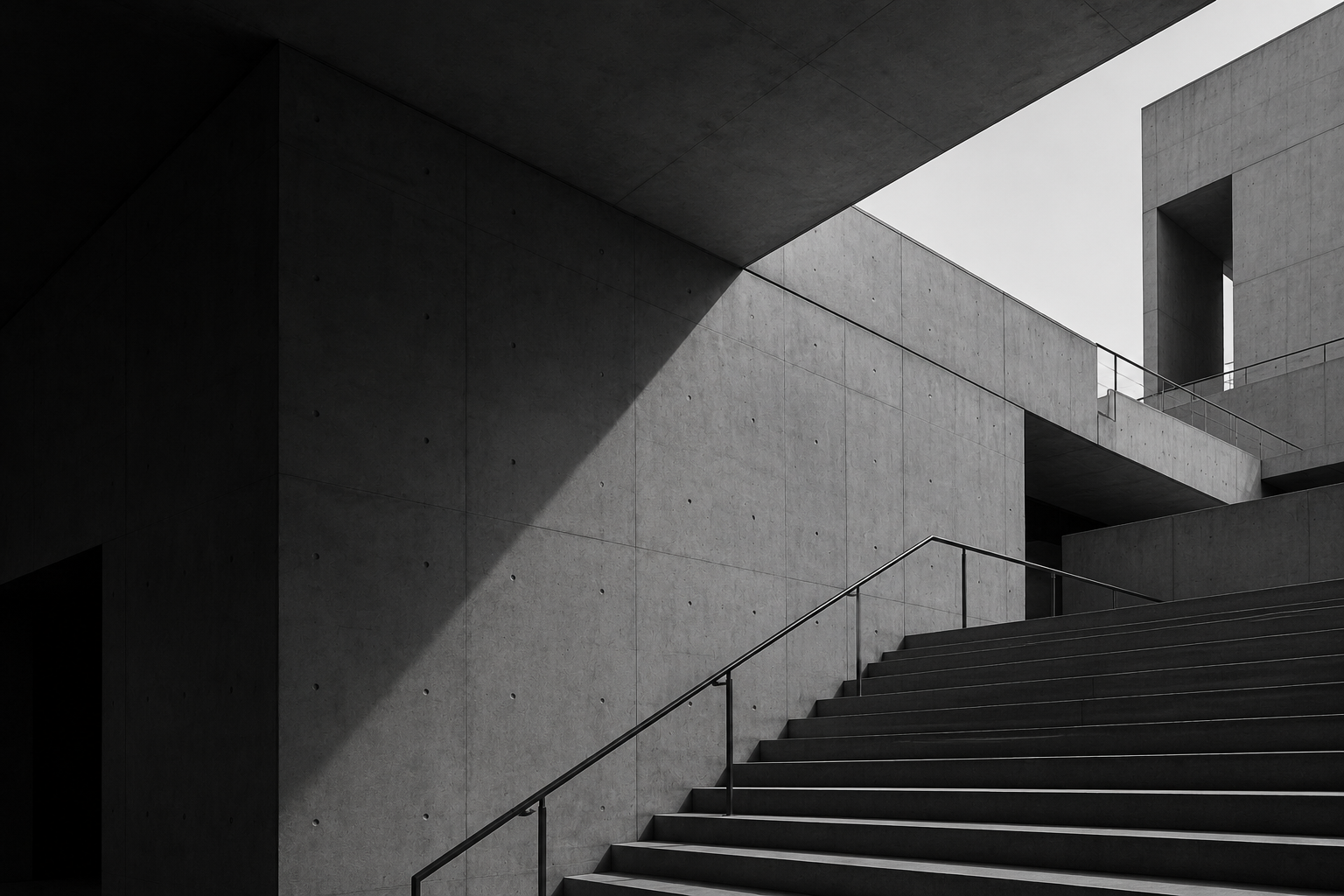 Black and white modern architectural staircase with concrete walls and metal handrails.