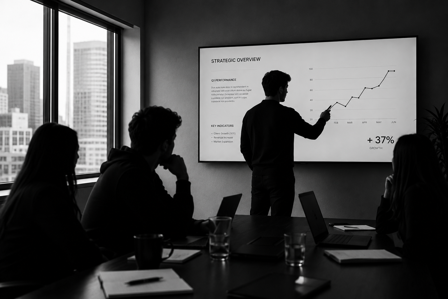 A business meeting in a conference room with a presenter pointing at a graph on a screen showing growth data, while three colleagues listen. The room has large windows with a cityscape view.