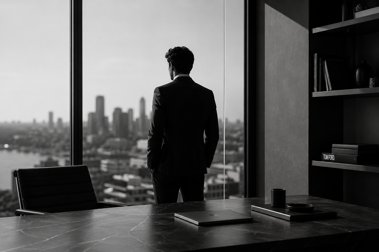 A man in a suit standing in an office, looking out a large window at a city skyline in black and white.