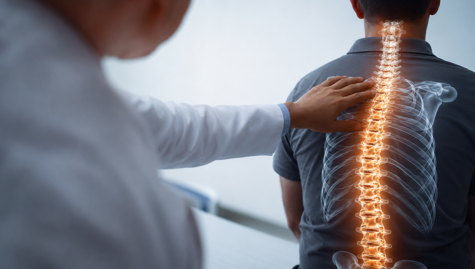 Doctor examining a patient's back with a digital overlay of the spine and ribcage.