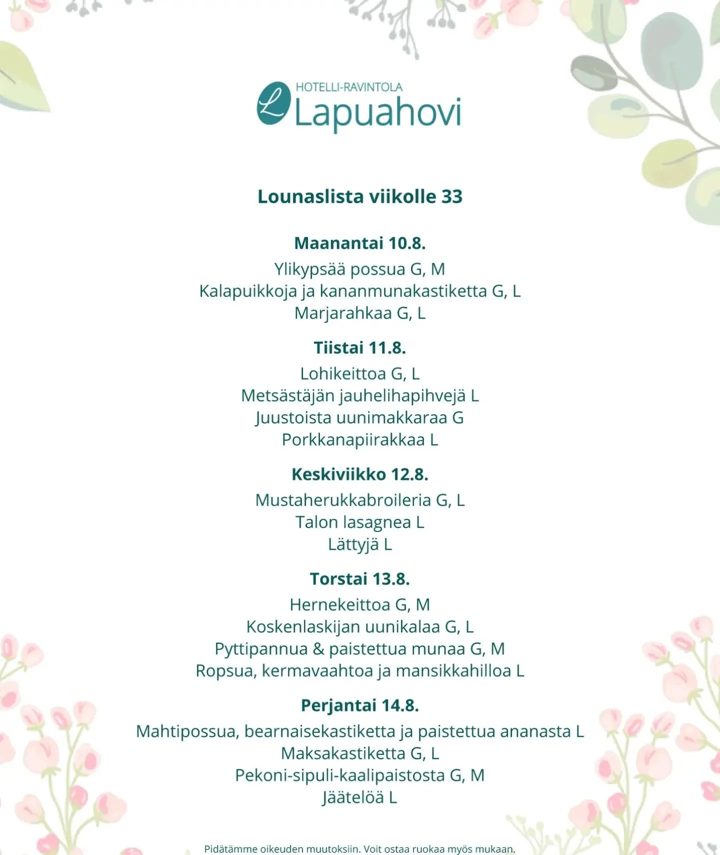 Tervetuloa lounaalle!
Arkisin klo 10.30-14.00. 
#lounas
#lapua
#lapuahovi