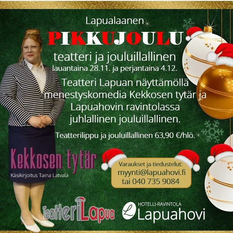 Viel&auml; on paikkoja j&auml;ljell&auml; jouluillallisille!
Pirauttele myyntipalveluumme arkena tai laita s&auml;hk&ouml;postia vaikka heti osoitteeseen myynti@lapuahovi.fi

#pikkujoulu #jouluillallinen #kekkosentyt&auml;r #teatterilapua #bess #lato