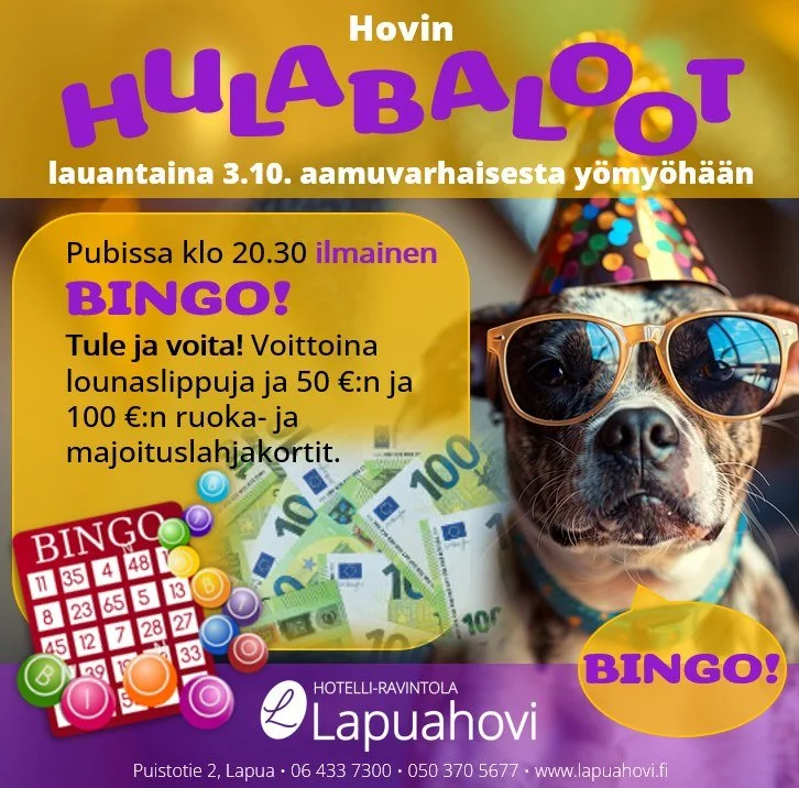 Tuutko pelaamaan bingoa lauantaina?
Klo 20.30 Hovin hulabaloot ja ilmainen bingo pubissa.
Voittoina lounaslippuja ja 50 &euro;:n ja 100 &euro;:n ruoka- ja majoituslahjakortit.
21.30 Duo tallipojat LIVE
Happy hour koko illan ajan: Olut 0,5 L 4 &euro;,