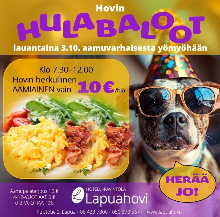 Hovin Hulabaloot lauantaina 3. lokakuuta:
Runsas ja herkullinen hotelliaamiainen aamusta puoleen p&auml;iv&auml;&auml;n asti
klo 7.30-12.00 tarjoushintaan 10 &euro;. (norm. 12,90 &euro;)
Tervetuloa!

#aamiainen #hotelliaamainen #meill&auml;onpekonia 