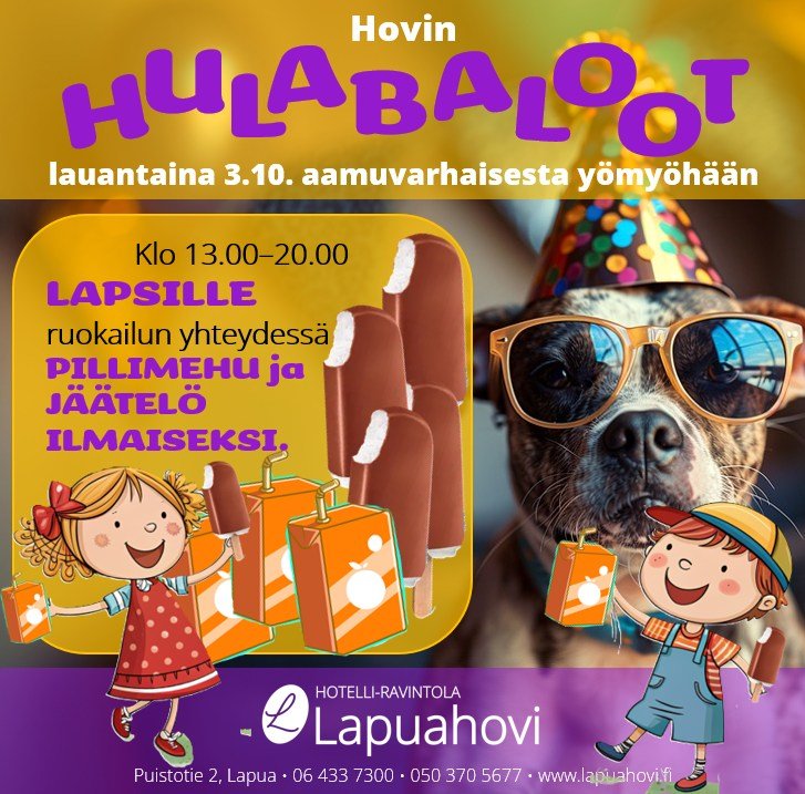 Lasten Hulabaloot!
Lauantaina 3.10. klo 13-20 lapsille ruokailun yhteydess&auml; pillimehu ja j&auml;&auml;tel&ouml; ilmaiseksi!

Tervetuloa!

#lastenhulabaloot #hovinhulabaloot #ilmaiseksi #j&auml;&auml;tel&ouml; #pillimehu