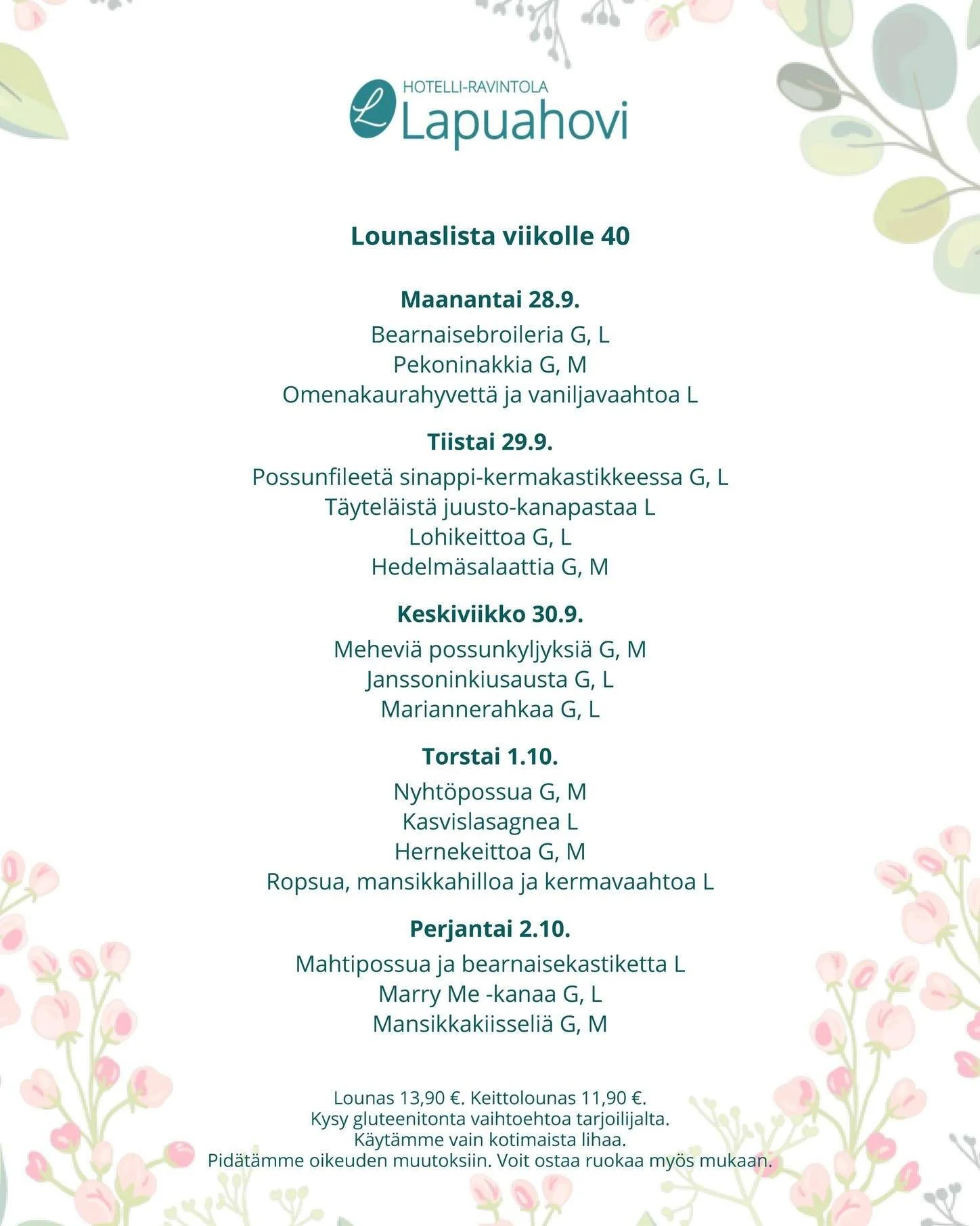 Torstaina 1.10. kasvissy&ouml;jille toivottua herkkua:
Talon kasvislasagnea.
Lihansy&ouml;jille nyht&ouml;possua.
Lis&auml;ksi hernekeittoa ja ropsua.

&bull; Runsas salaattivalikoima
&bull; Nyht&ouml;possua G, M
&bull; Talon kasvislasagnea L
&bull; 