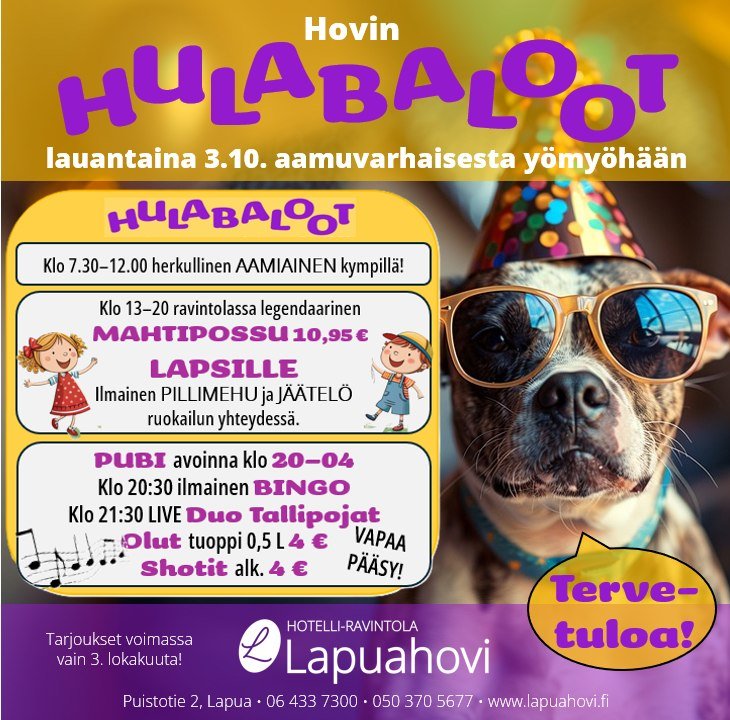 Son jo huamenna!
Hovin Hulabaloot!
Koko lauantain ajan hulinaa, halpoja hintoja ja herkkuja!
Tervetuloa koko perhe!

Illalla pubissa ilmainen bingo, happy hour ja livemusiikkia Duo Tallipojat.
@duotallipojat Tervetuloa!

#hovinhulabaloot #hulabaloot 