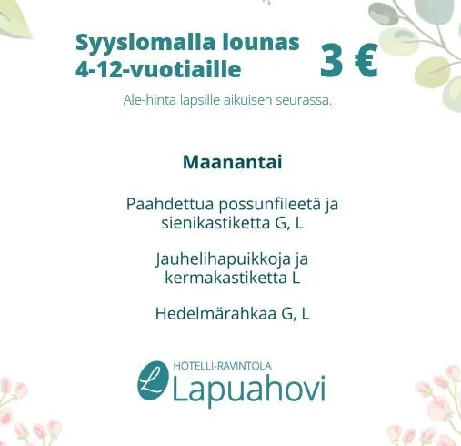 Syyslomalla otetaan rennosti ja sy&ouml;d&auml;&auml;n hyvin.
Syyslomaviikolla lapset sy&ouml;v&auml;t meill&auml; kolmella eurolla, tervetuloa!

#syysloma #lounas #lapsille #tarjous