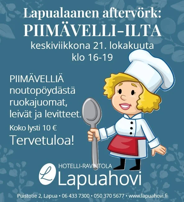 T&Auml;N&Auml;&Auml;N!
Lapualaanen afterv&ouml;rk:
PIIM&Auml;VELLI-ILTA
klo 16-19.
Piim&auml;velli&auml; noutop&ouml;yd&auml;st&auml;, ruokajuomat, leiv&auml;t ja levitteet.
Koko lysti kympill&auml;, tervetuloa!

#afterv&ouml;rk #lapualaanenafterv&ou
