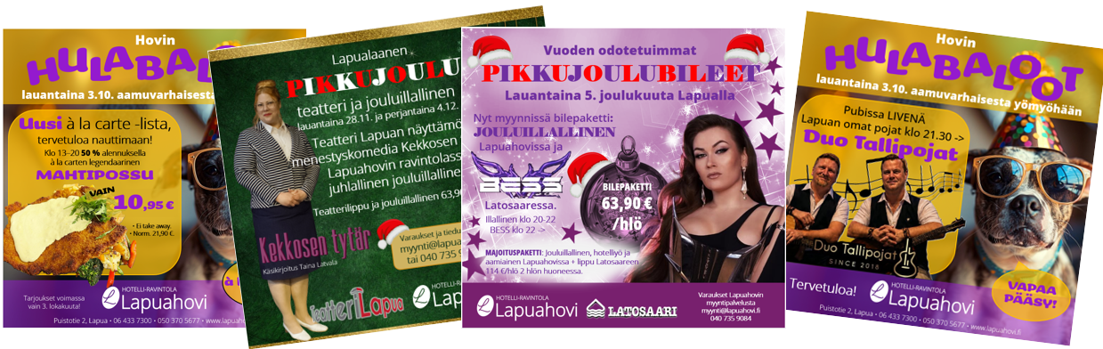 Tulevia tapahtumia Lapuahovissa pikkujoulu teatteripaketti bilepaketti livemusiikki pubi à la carte ravintola